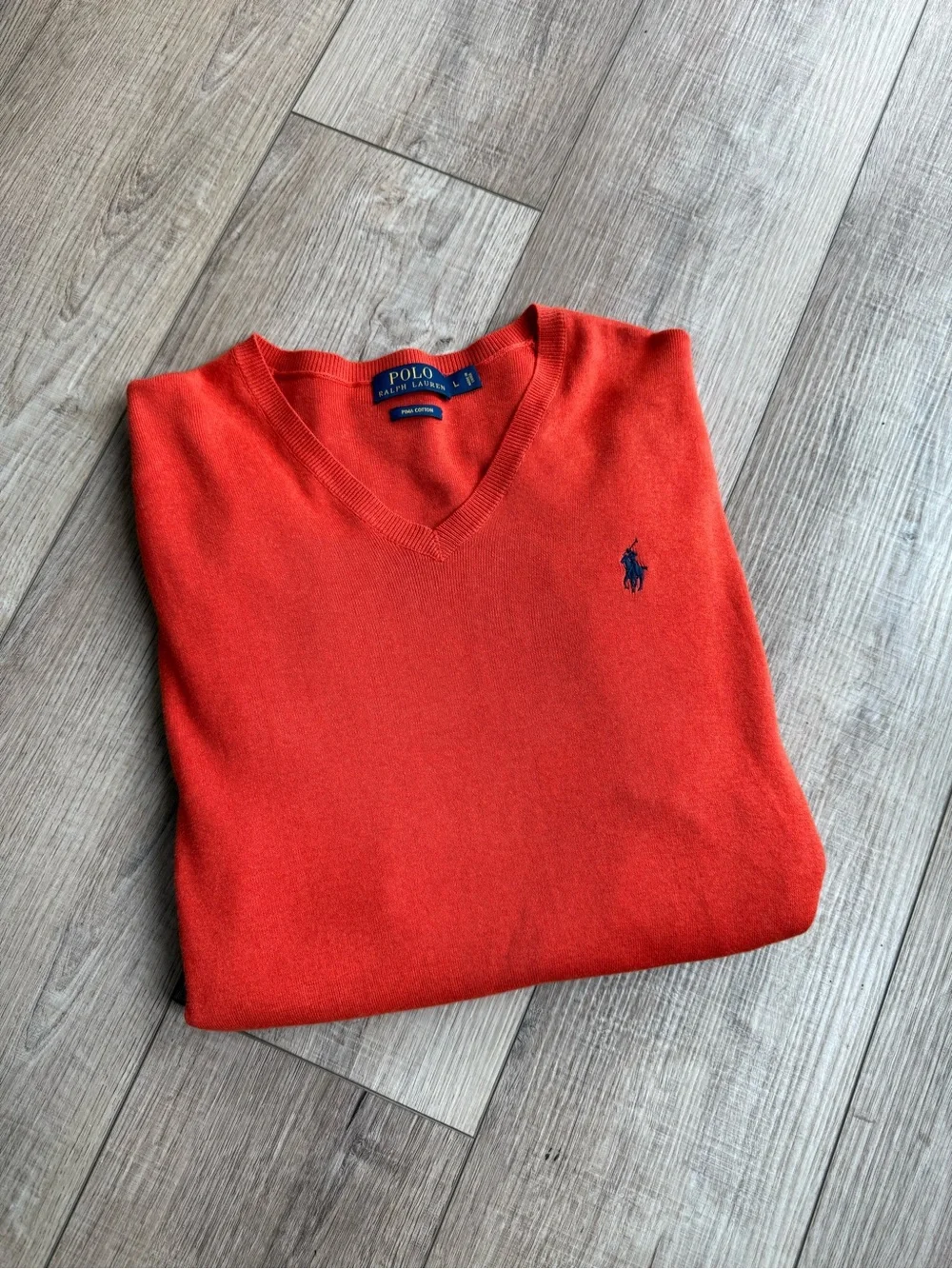 Polo by Ralph Lauren Men's V-Neck Sweater in Bright Orange with Navy Logo
